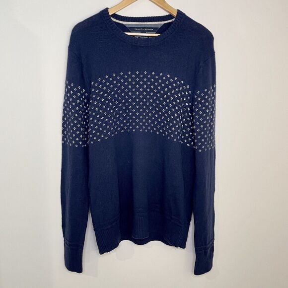 Tommy Hilfiger Lambswool Blend Men's Large Winter Blue Crew Neck Sweater - Picture 1 of 9